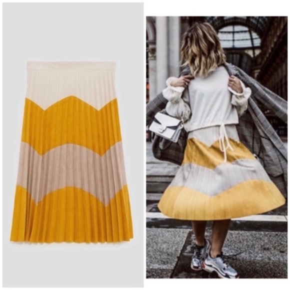 ZARA Zigzag Color Block Pleated Faux Suede Midi Skirt in Mastered Yellow / Beige - Picture 7 of 8